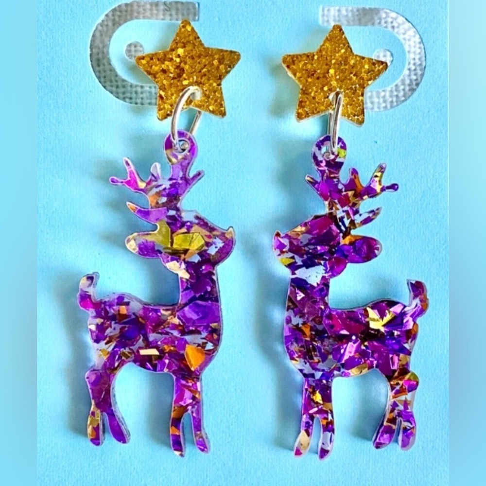 New Christmas Reindeer Purple & Gold Confetti Retro 80s Style Earrings - 2”